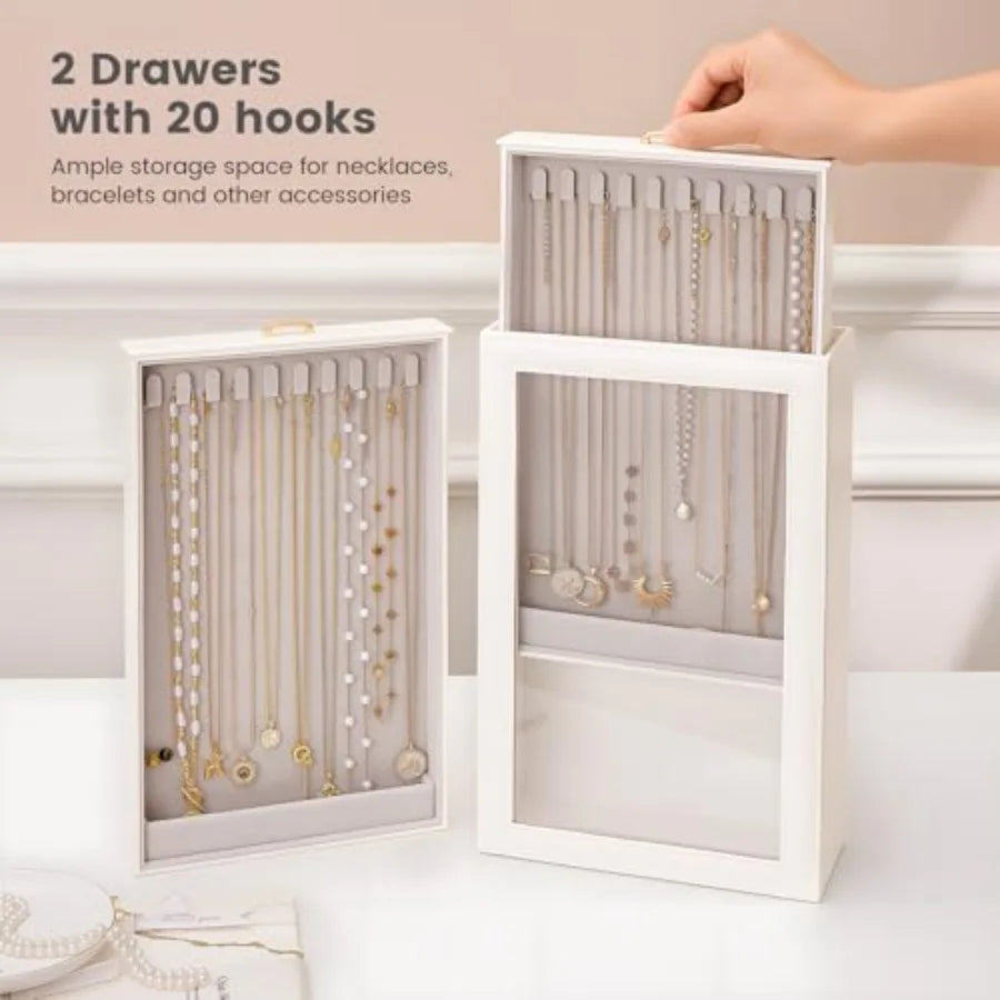 Necklace Organizer Box, Jewelry Storage Box with Clear Window for Necklaces Bracelets, Tangle-Free Necklace Display Case for Wo