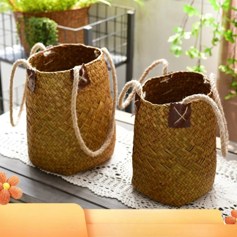 Rural grass woven flower basket, flowerpot, dry flower basket, hand woven storage basket