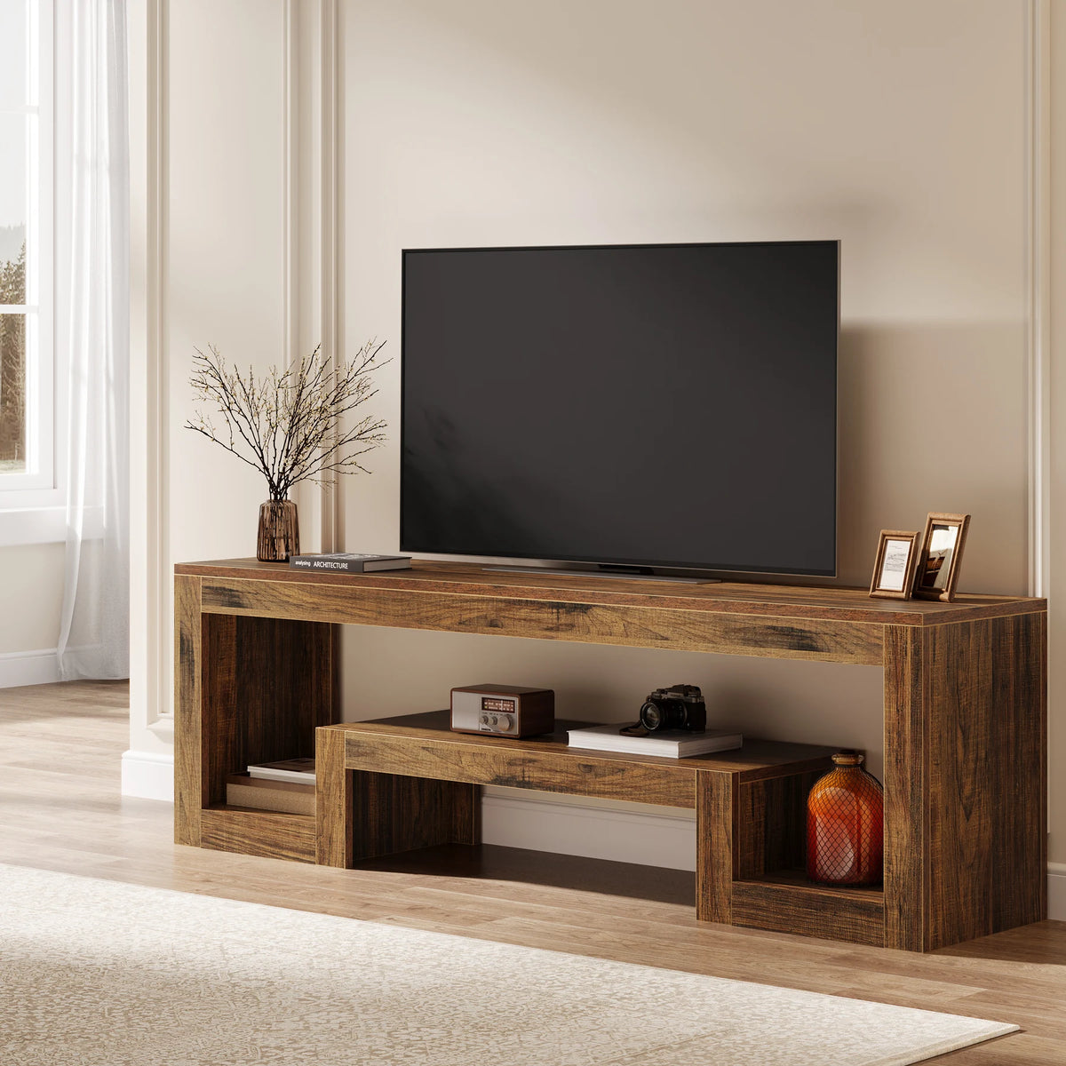 Tribesigns 63-Inch TV Stand for 55/60/65-Inch TVs, Farmhouse Entertainment Center with Open Storage Shelves, Rustic Brown Television Console for Living Room, Bedroom