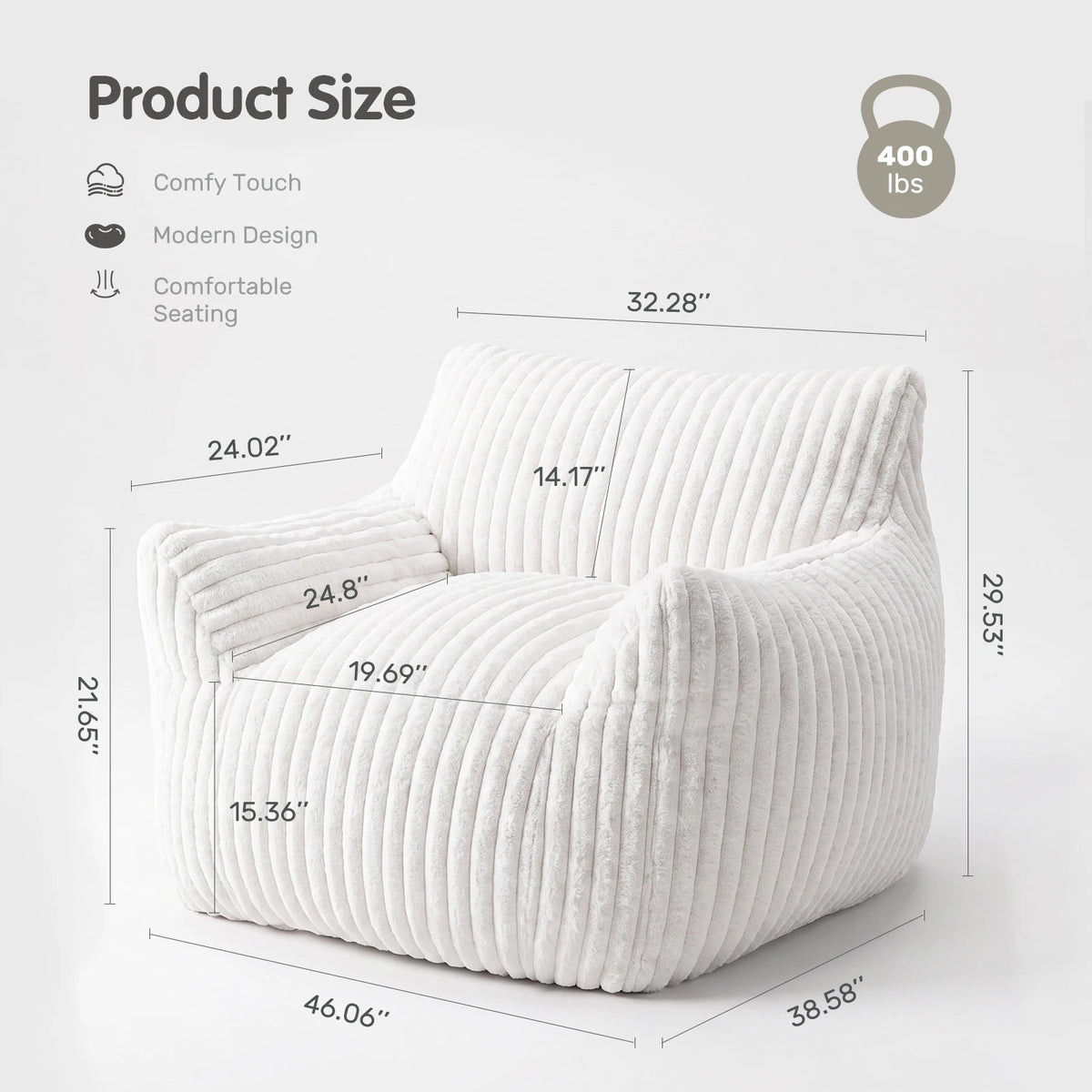JHK Ergonomic Bean Bag Sofa with Memory Foam Filling For Living Room Modern Corduroy Plush Lounge Chair Comfy Sleeper Chair for Bedroom