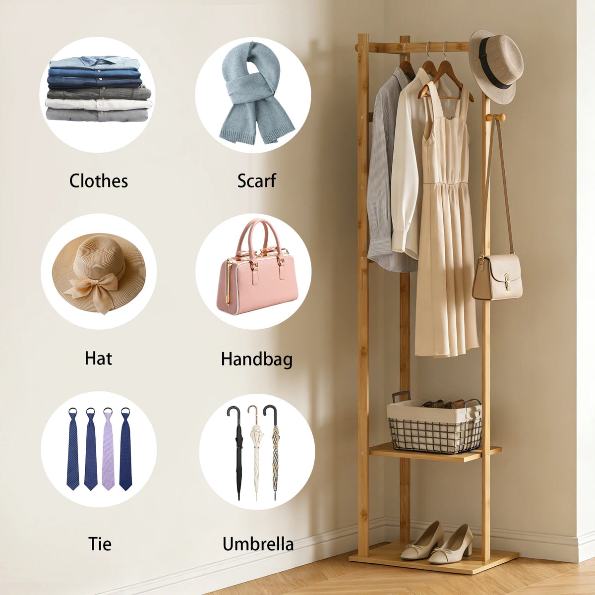 Bamboo Corner Coat Rack Stand Hall Tree Entryway Clothing Organizer Eco-Friendly Storage for Living Room Bedroom