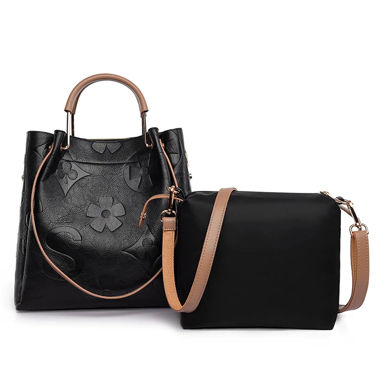 Top Handle Handbag Set Floral Embroidered Vegan Leather Hobo Tote