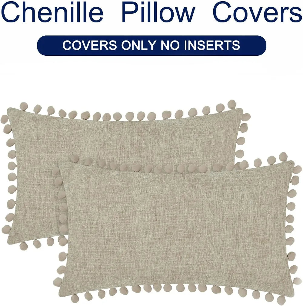 Cozy Chenille Throw Pillow Covers 20x12 Inch Set of 2 with Pom Poms for Couch Sofa Bed Taupe