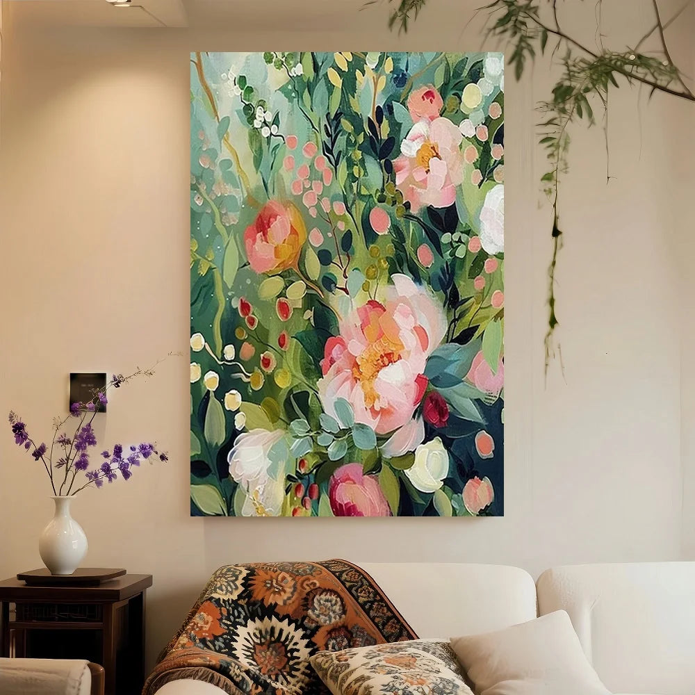 Framed Art Deco Bohemian Floral Canvas Painting With Wood Frame