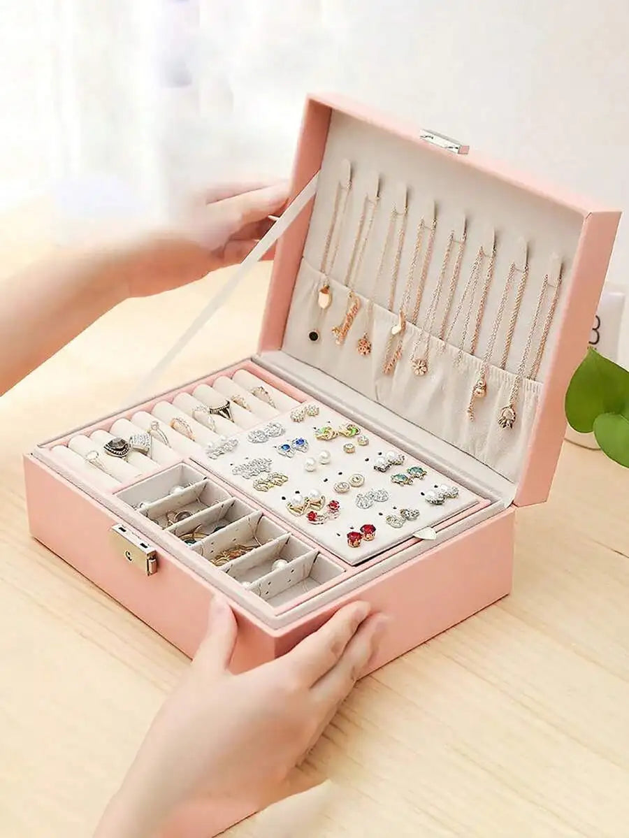 1pc Jewelry Storage Box, Gift Leather Jewelry Box, Earring Organizer, Double Layer Jewelry Box, Large Capacity PU Leather