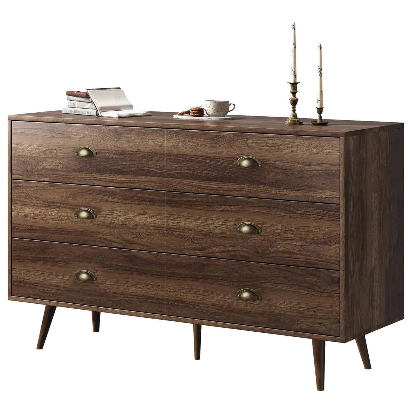 White 6 Drawer Dresser with Gold Handles Wooden Storage Chest for Bedroom Living Room Hallway,Customized