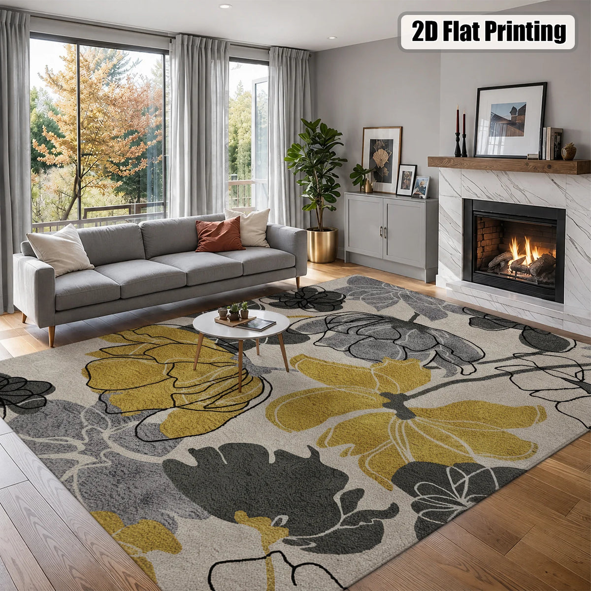 Large Indoor Area Rug, Soft Velvet Low Pile Non-Slip Machine Washable Abstract Floral Rug in Mustard Yellow & Gray Tones for Living Room, Bedroom, Entryway