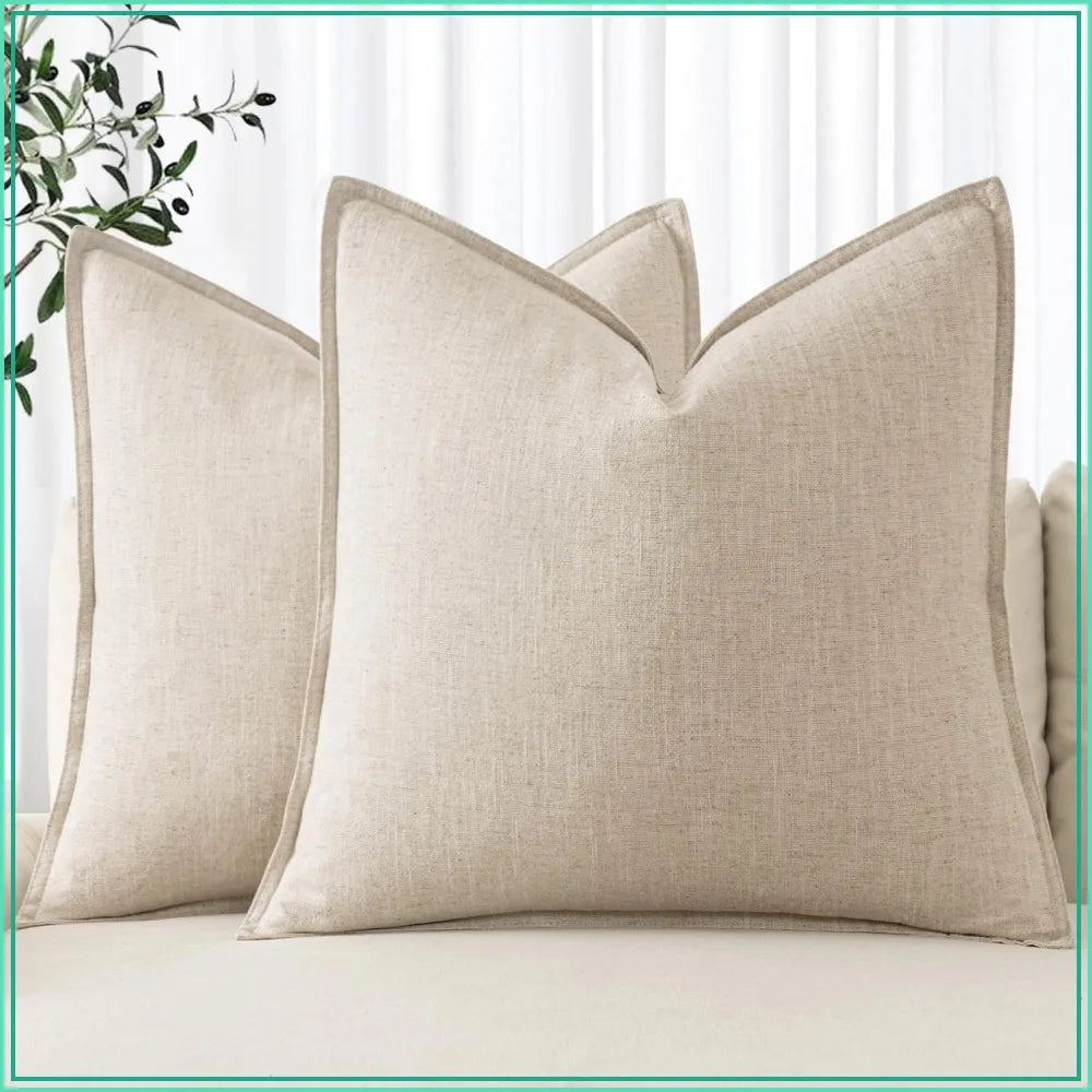 Linen Euro Sham Pillow Covers 24x24, Beige Boho Farmhouse Throw Pillows for Couch, Pack of 2