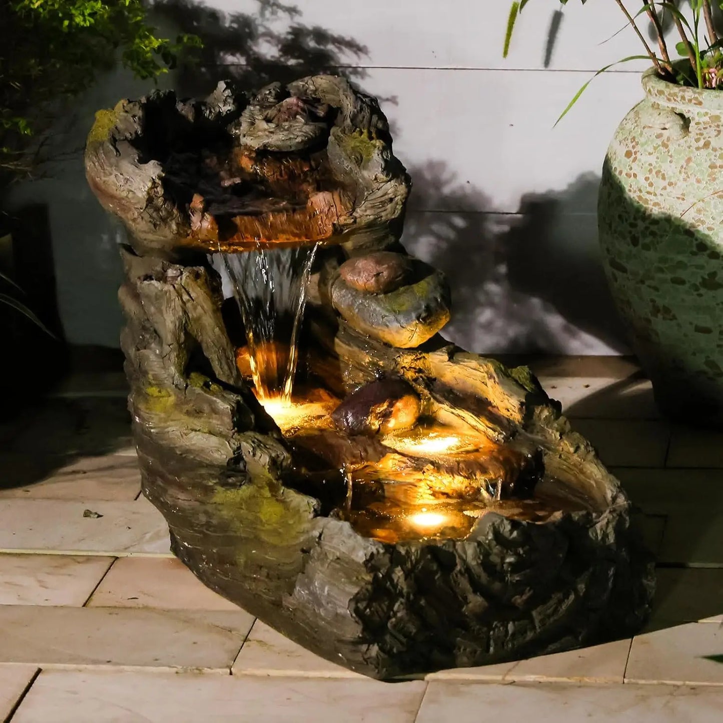 5-Tier Tree Trunk Outdoor Water Fountain LED Garden Decor