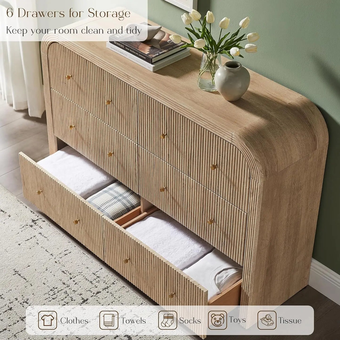 Fluted 6 Drawer Dresser Bedroom 54in Wide Curved Profile Wood TV Stand Living Room Hallway Oak, Customized