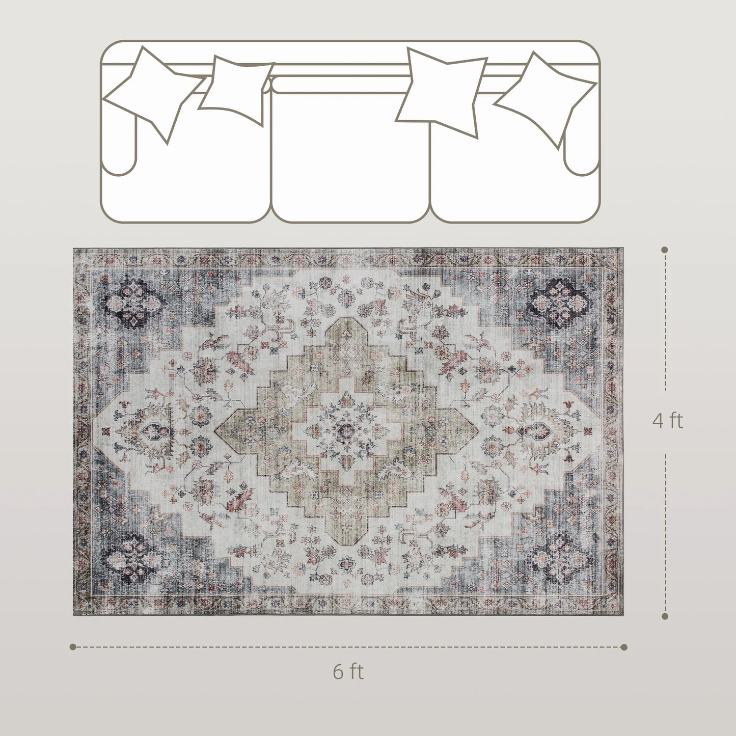 Machine Washable Area Rug, 4'x6' Vintage Oriental Medallion Distressed Rugs Soft Printed Floor Mat, Brown and Green