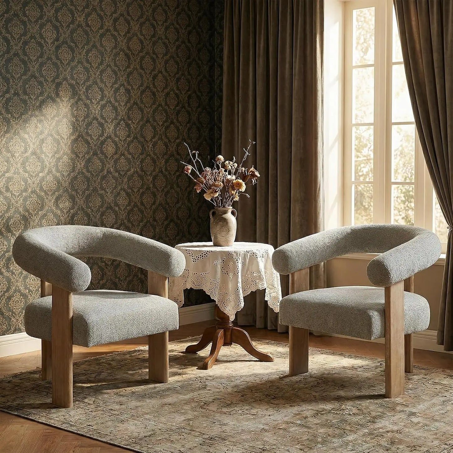 Accent Chair Living Room Chairs Set of 2, Modern Upholstered Arm Chair with Solid Wood Legs, Comfy Barrel Accent, Customized