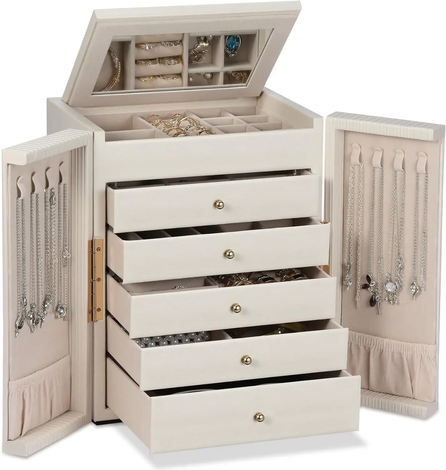 Large Jewelry Organizer Box, Jewelry Boxes for Women Girls, 6-Tier Jewelry Storage Organizer with Mirror for Necklace Ring Bracelet Watch, Gift Idea (Beige)