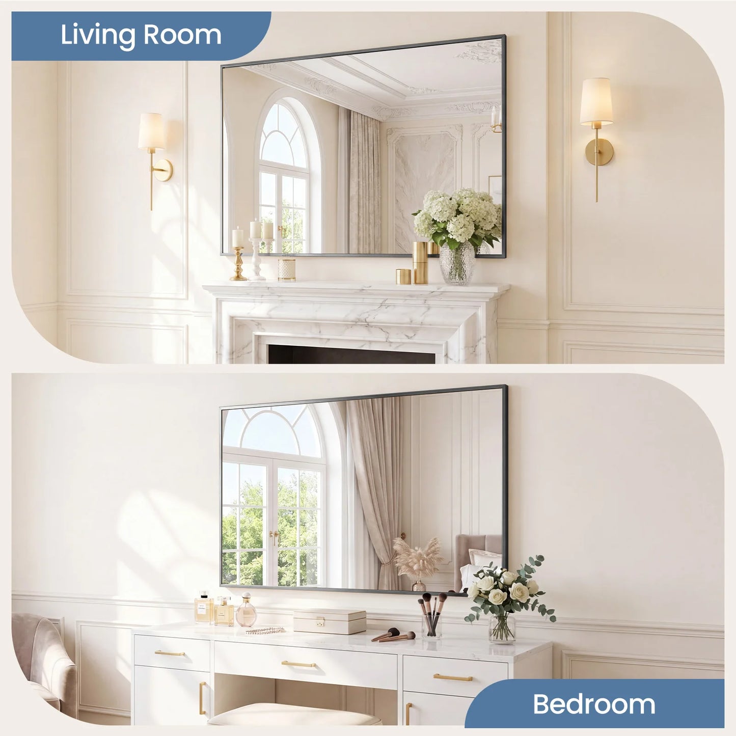 JHK Rectangle Wall Mount Mirrors with Metal Frame Bathroom Mirror for Over Sink Modern Vanity Mirror with Tempered Glass for Home Decor Anti-Rust
