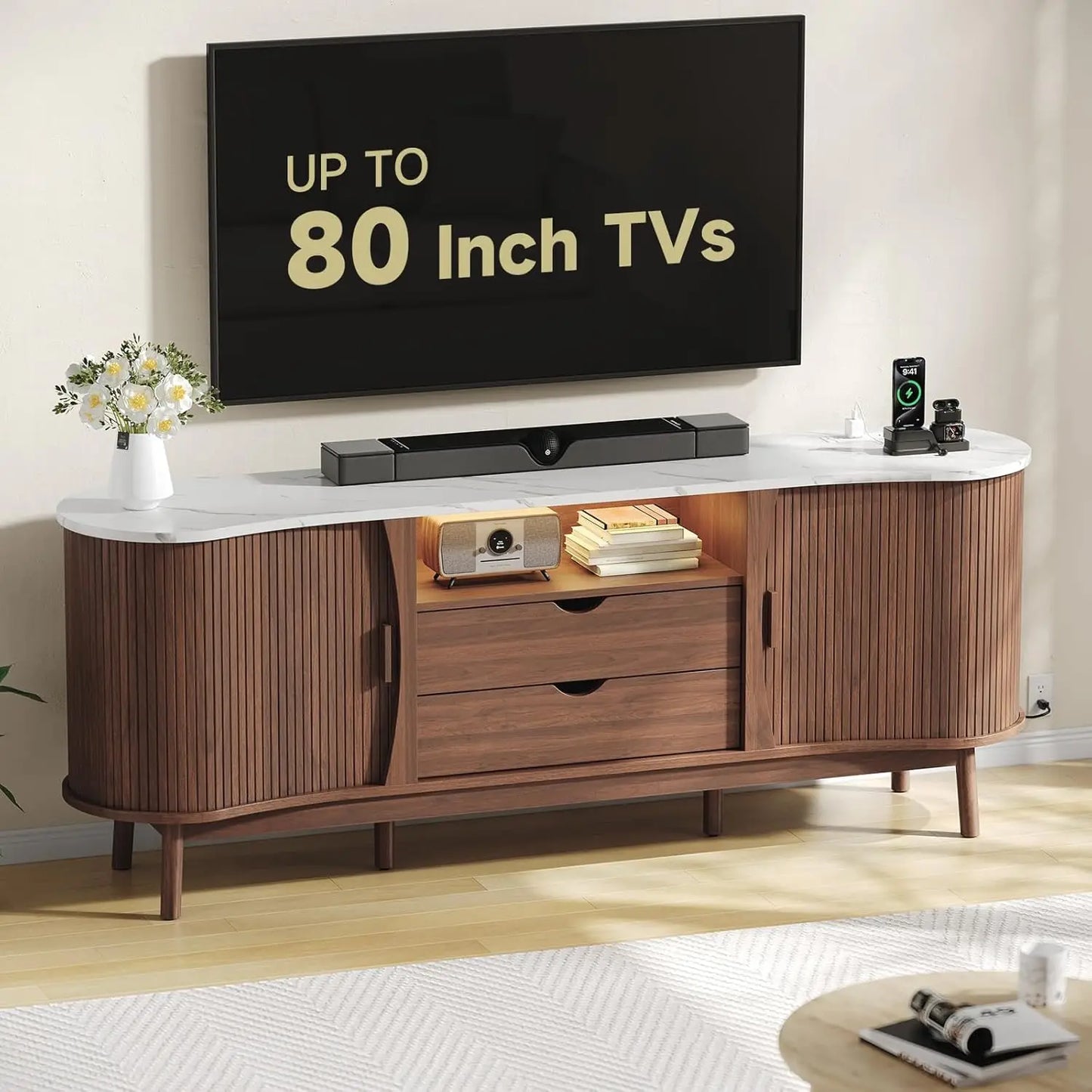 70-inch Fluted TV Stand Entertainment Center for TVs up to 80", Mid-Century Modern Bean-Shaped Console with USB/Outlet, LED Lights & Storage - for Living Room, Bedroom (Black/Walnut)