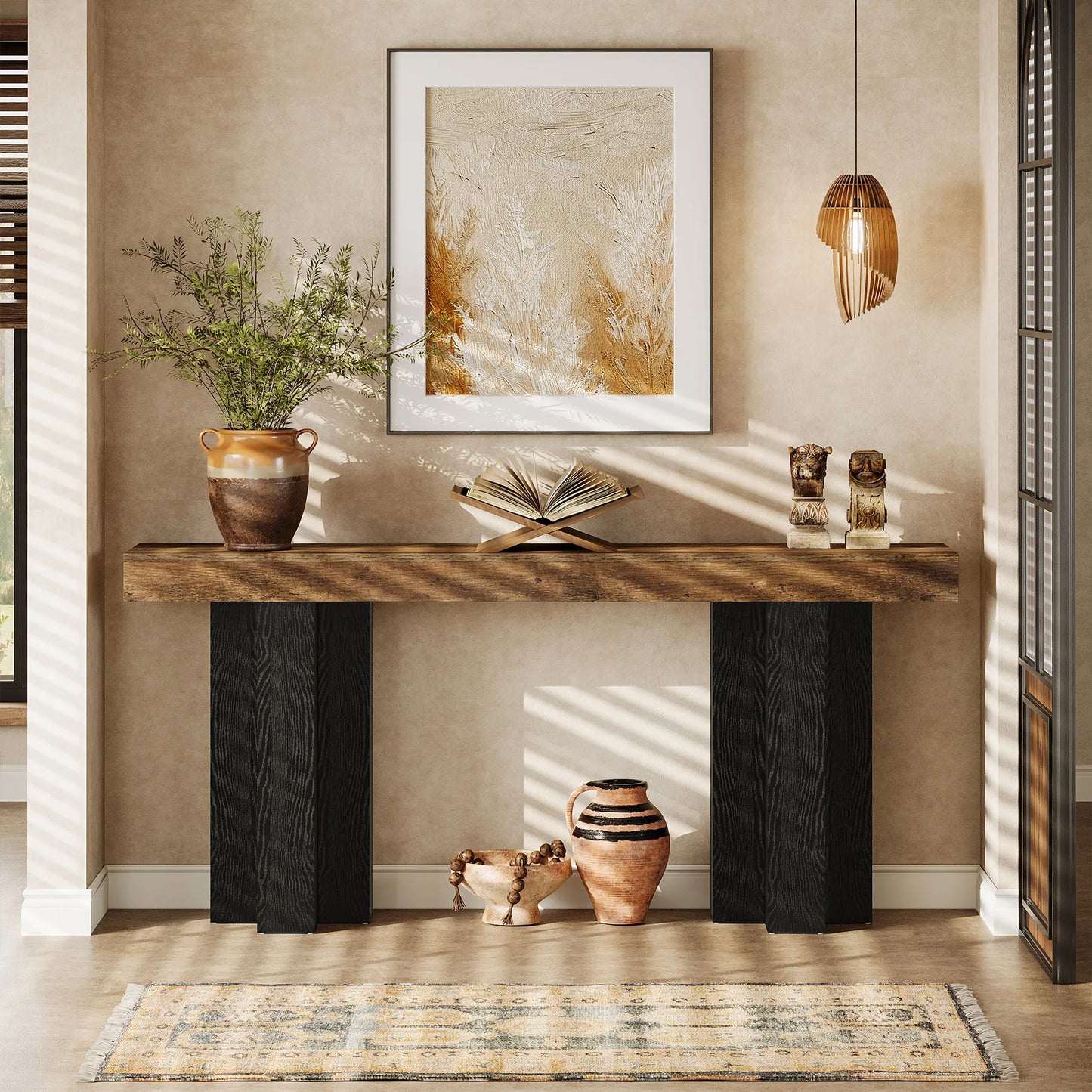 Tribesigns 63-Inch Console Table for Entryway, Farmhouse Entryway Table with Sturdy Legs, Narrow Long Sofa Console Behind Couch for Living Room, Hallway, Foyer, Rustic Brown and Black