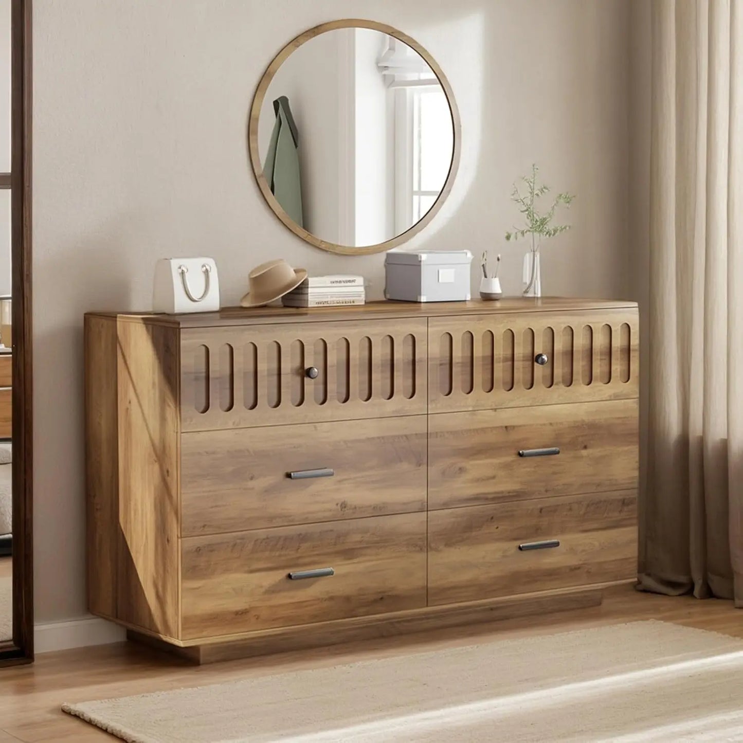 Farmhouse 6-Drawer Wood Dresser Fluted Anti-Tip Bedroom Living Room Hallway Entryway Nursery Rustic Oak, Customized