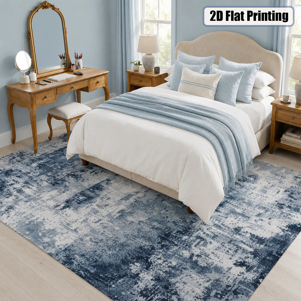Large Indoor Area Rug, Soft Velvet Low Pile Floor Rug with Non-Slip Dotted Backing, Machine Washable Abstract Blue White Art Pattern Rug for Living Room, Bedroom, Modern Home Decor