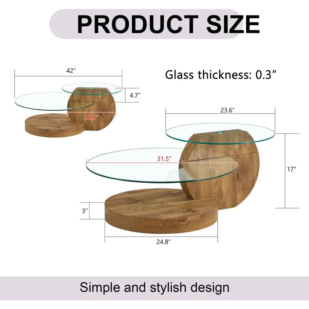 Tempered Round Glass Coffee Table With Wood Frame 3 Tier