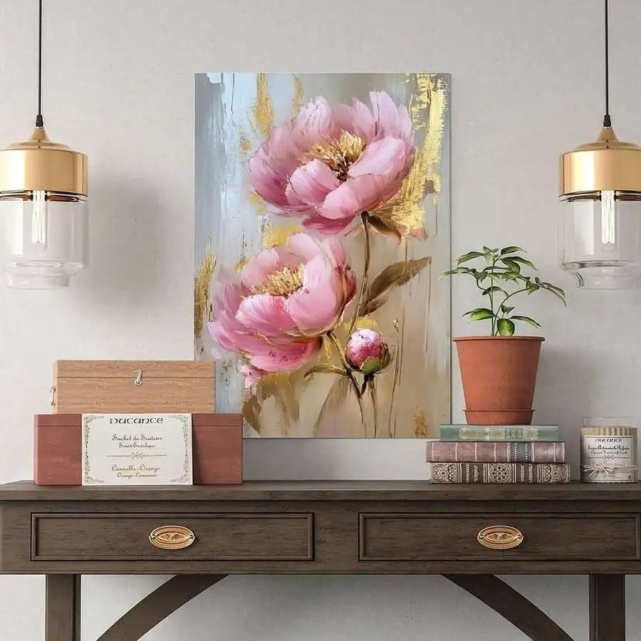 Canvas Peonies Painting With Foil Accents In Wooden Frame