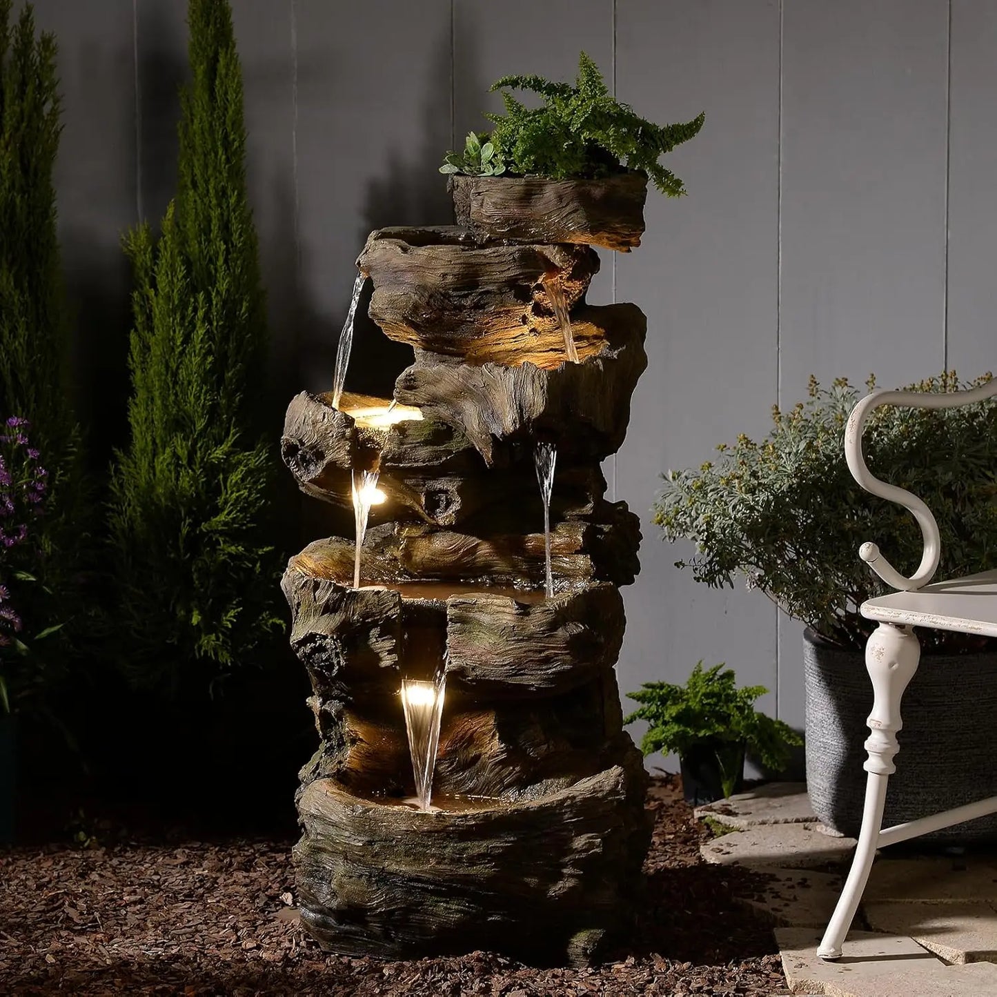 5-Tier Tree Trunk Outdoor Water Fountain LED Garden Decor