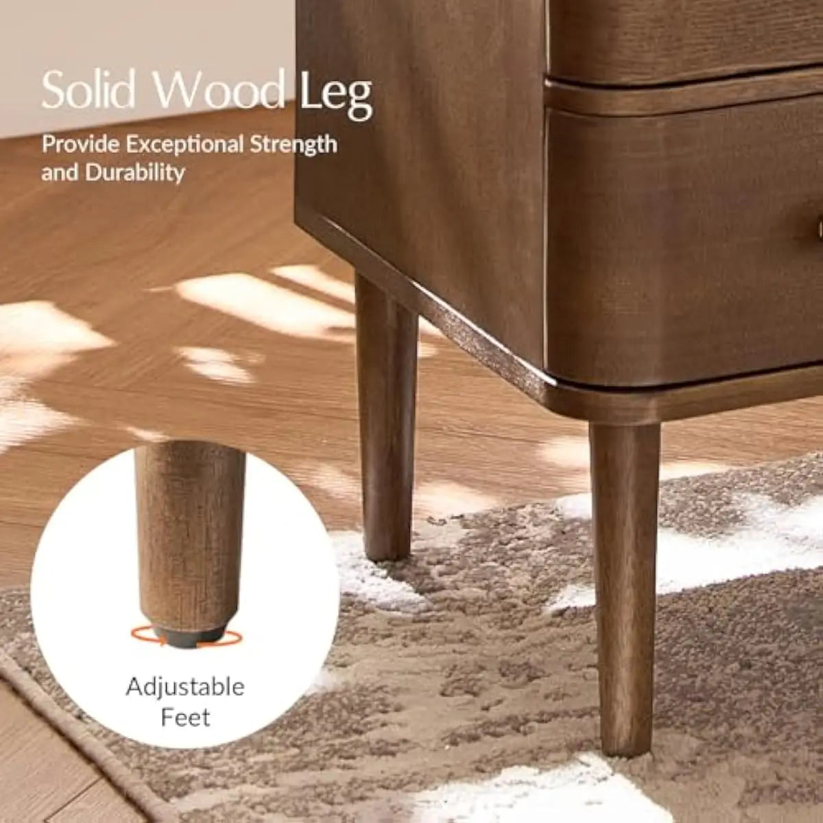 3-Drawer Curved End Table Set with Built-in Outlet & Adjustable Feet – Walnut Finish Solid Wood Construction – Modern Living Roo