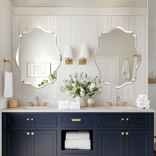 Wisfor Wall Mirror Scalloped Frameless Beveled Edge Polished for Bathroom, Living Room, Vanity, Bedroom, Slive Mirror