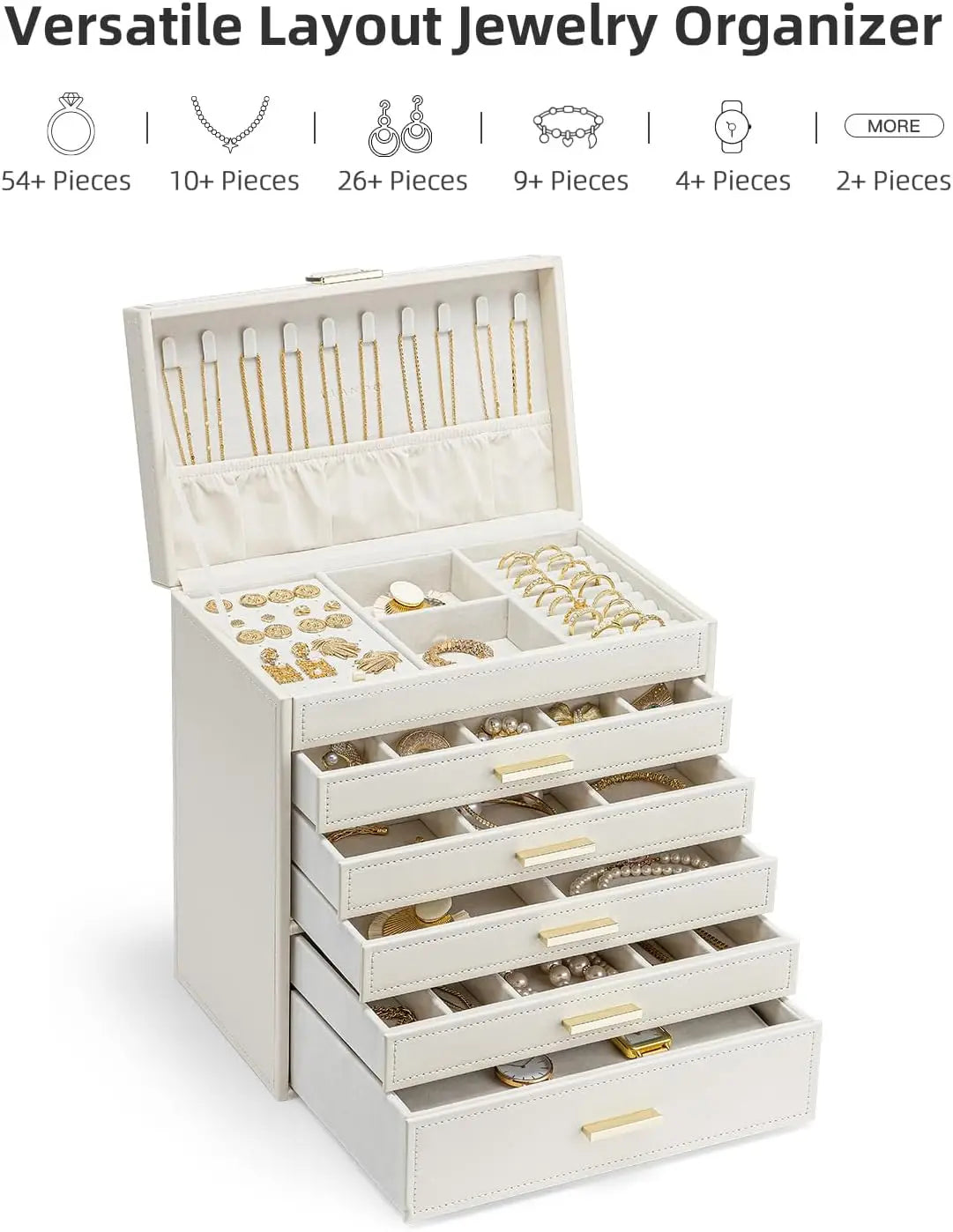 LUNEVA Store VLANDO 6 Layer Large Jewelry Box - Jewelry Holder Organizer, Jewelry Box Organizer for Drawer Necklace Ring Bracelet and Watch, Birthday Gift for Loved Ones - Beige