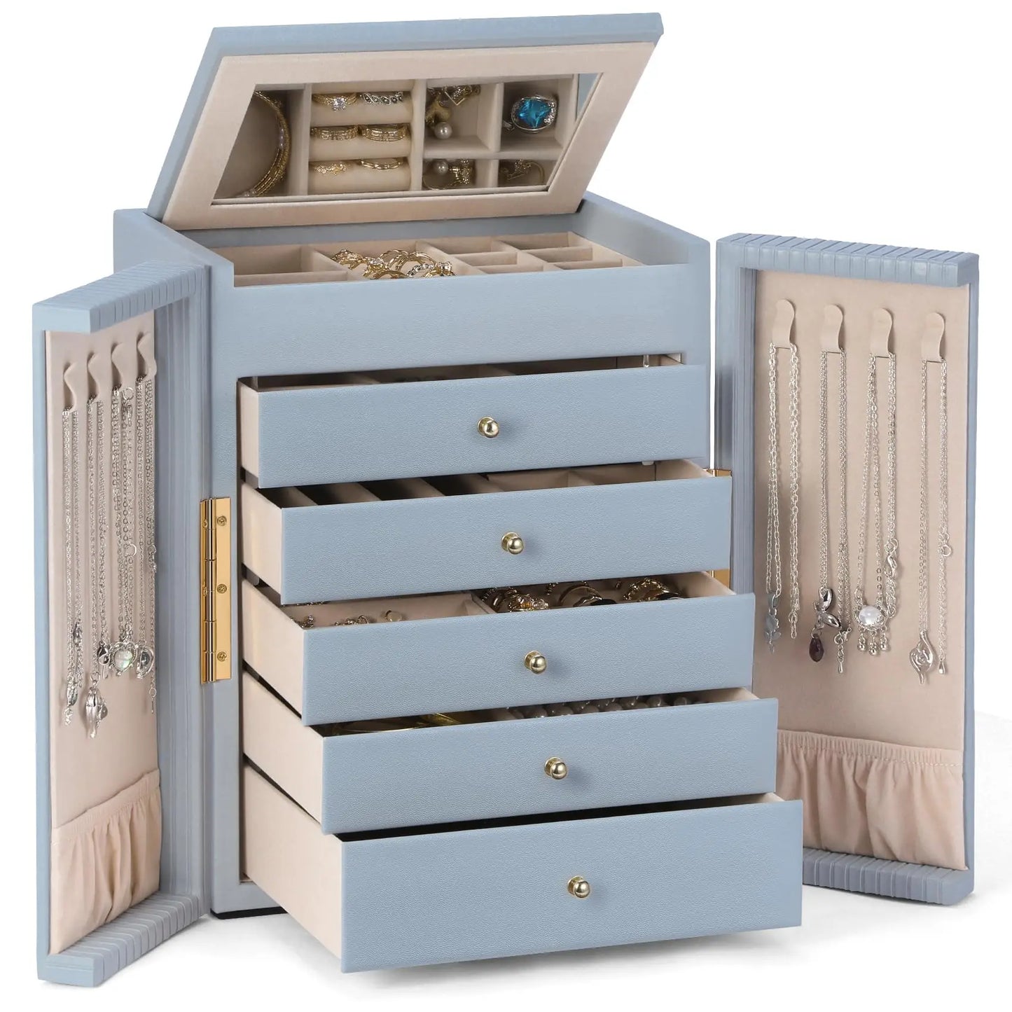 Large Jewelry Organizer Box, Jewelry Boxes for Women Girls, 6-Tier Jewelry Storage Organizer with Mirror for Necklace Ring Bracelet Watch, Gift Idea (Beige)