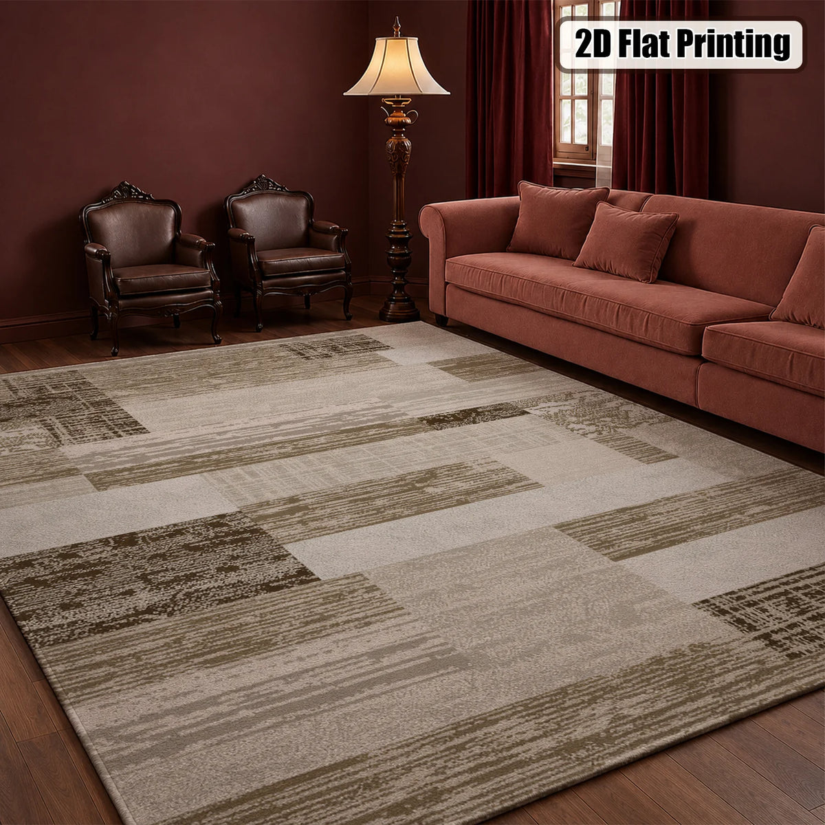 Large Indoor Area Rug, Soft Velvet Low Pile Rug with Non-Slip Dotted Backing, Machine Washable Neutral Wood Block Patchwork Floor Rug for Living Room and Bedroom