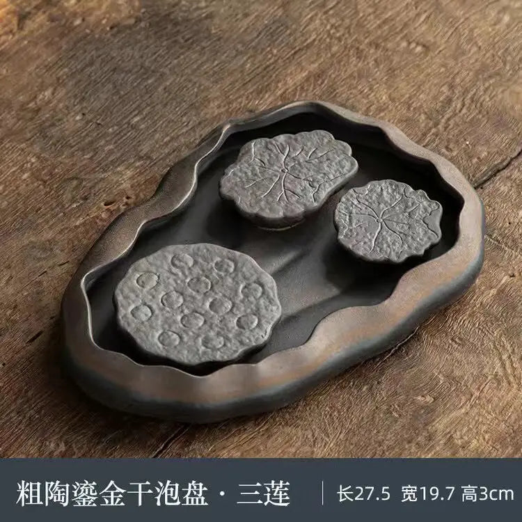 Japanese Gilded Coarse Pottery Tea Tray Zen Tea Making Platform Household Retro Style Tea Set Tray Teaware Kitchen Dining Bar
