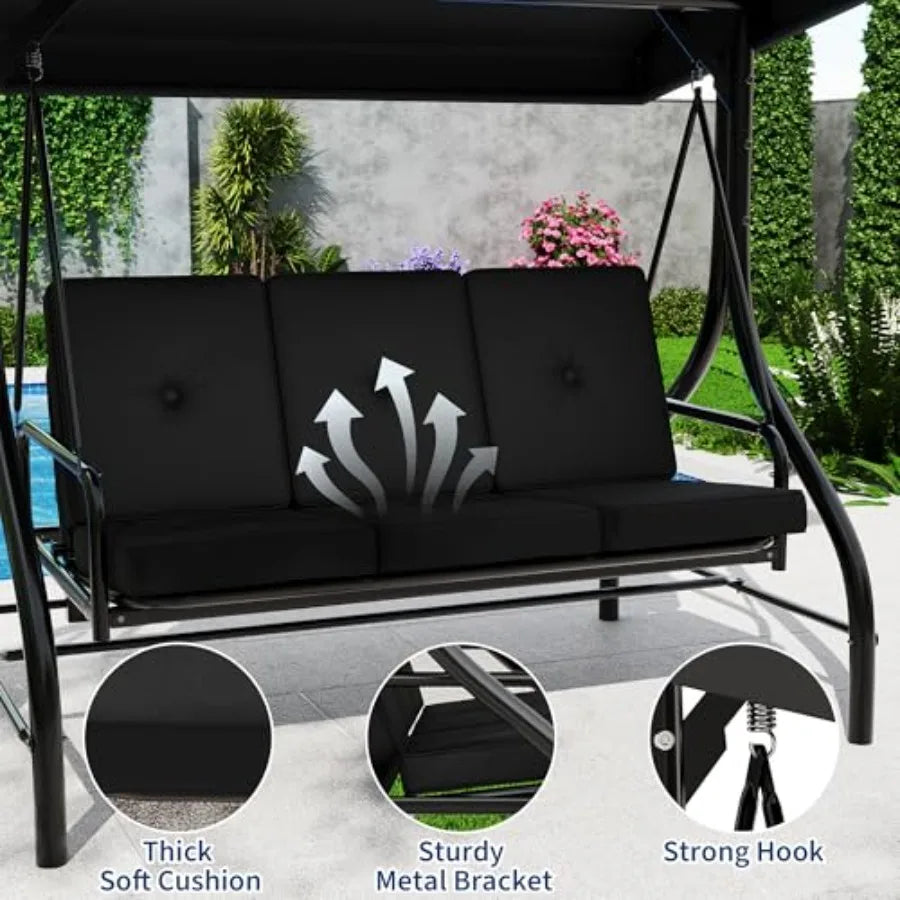 3 Seater Outdoor Porch Swing with Stand for Adults, 2-in-1 Convertible Design Patio Swing, Thick Soft Cushion and Adjustable Re