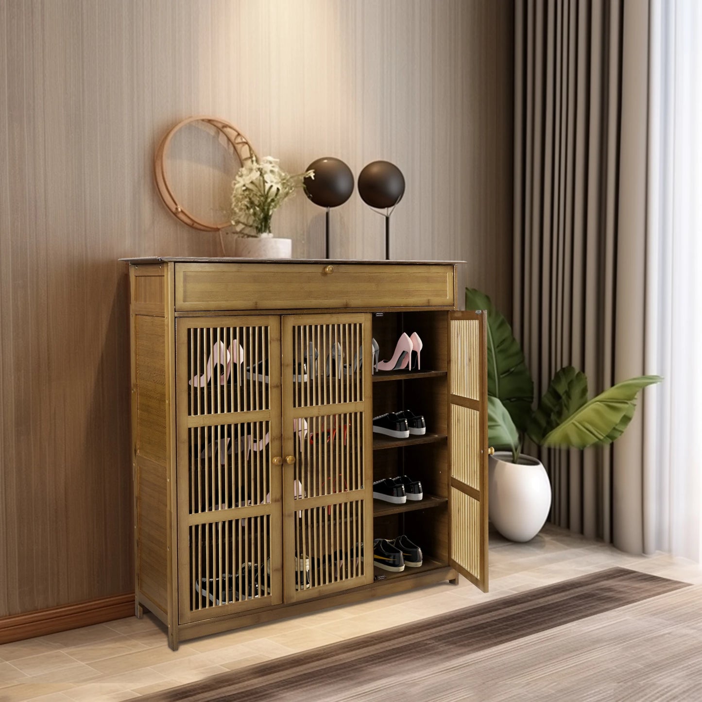 4 Tier Shelves Shoe Storage Cabinet Shoes Rack with 3 Hollow Doors Shoe Organizer Cabinet for Entryway Closet Hallway