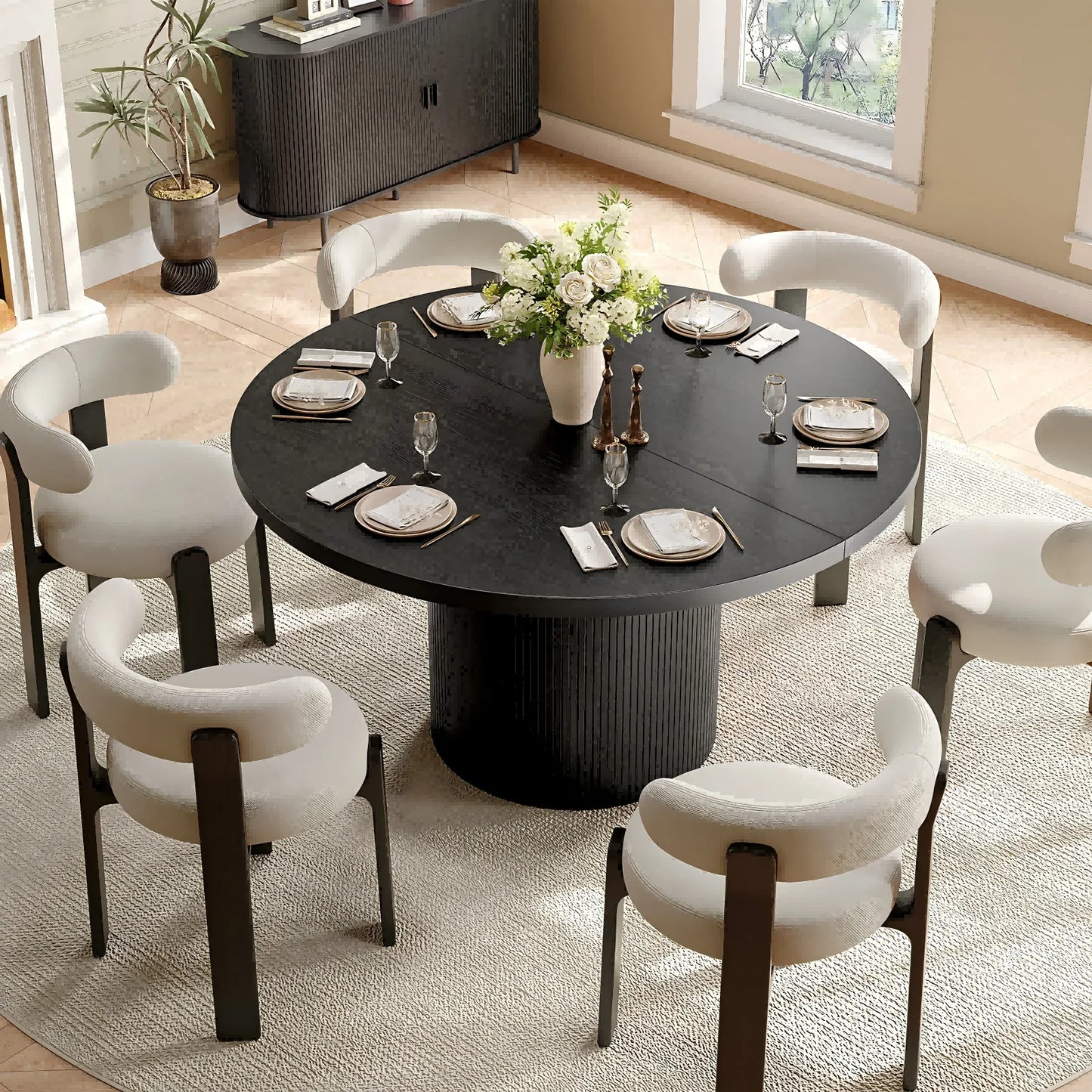 Black 47 Inch Round Dining Table For 4, Circle Fluted Kitchen Table Wood, Modern Dinner Tables For Kitchen, Living Room