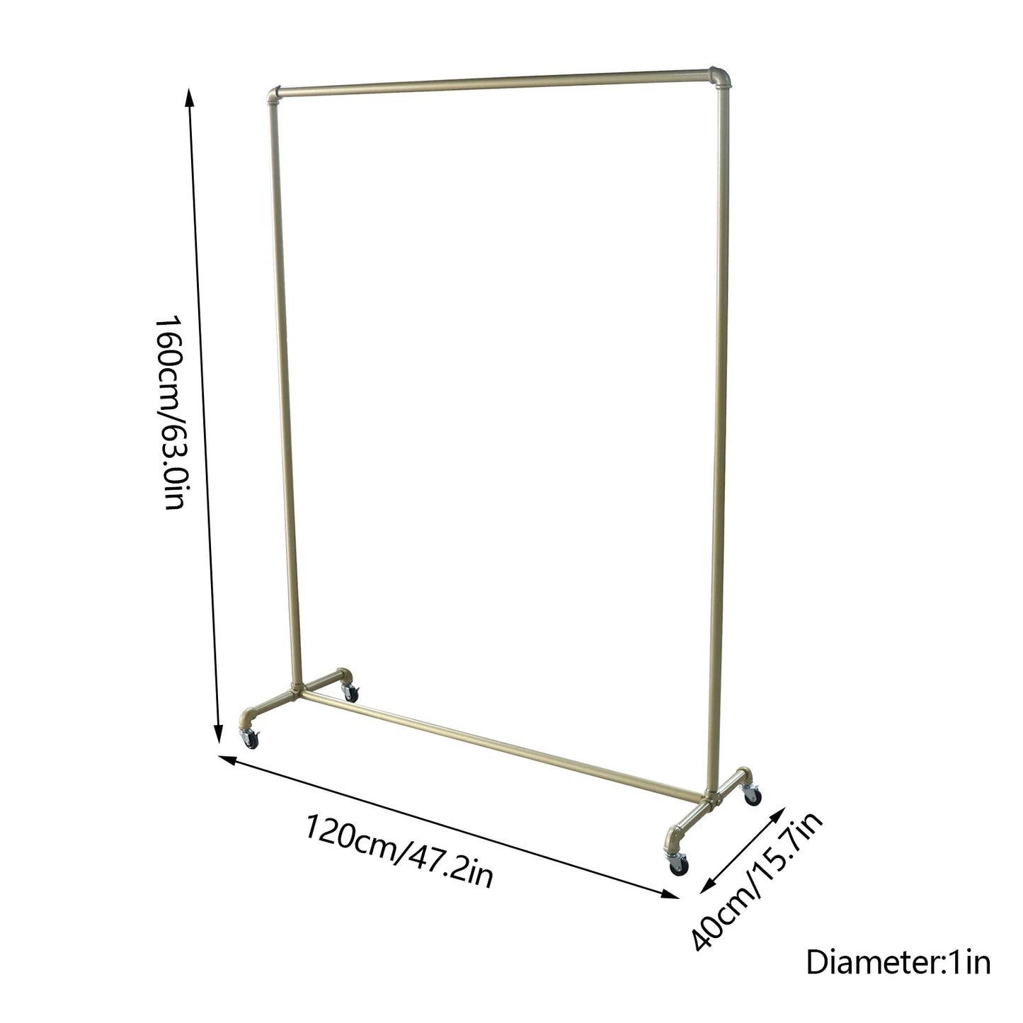 Garment Rack Clothes Display Stand 100lbs Load 120*40*160cm Gold with 4 Casters Brakes for Clothing Store Boutique Bedroom Hallway