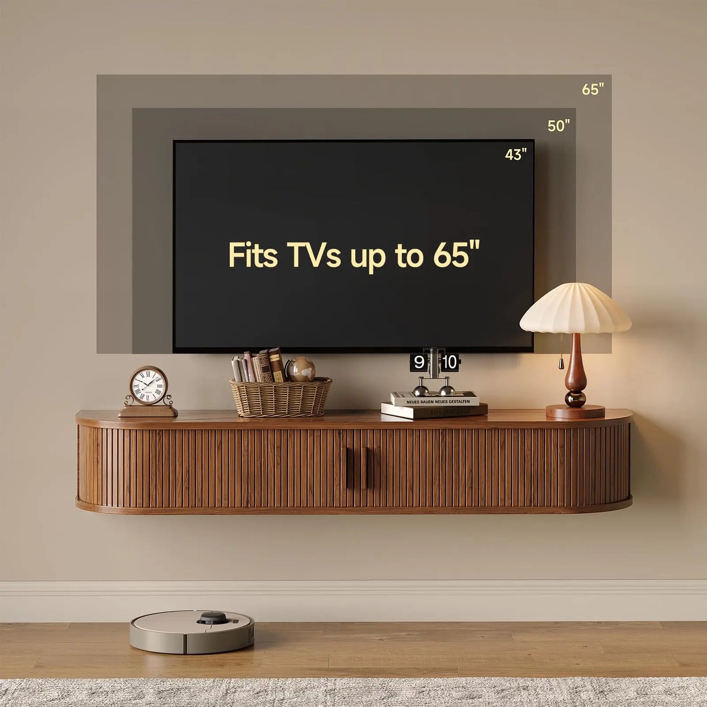 Floating TV Stand with Power Outlet for TVs up to 95 Inch, Wall Mounted TV Stand with LED Lights and Remote, Fluted Entertainment Center, Mid Century Modern TV Console Media Storage Cabinet with Sliding Door, Black