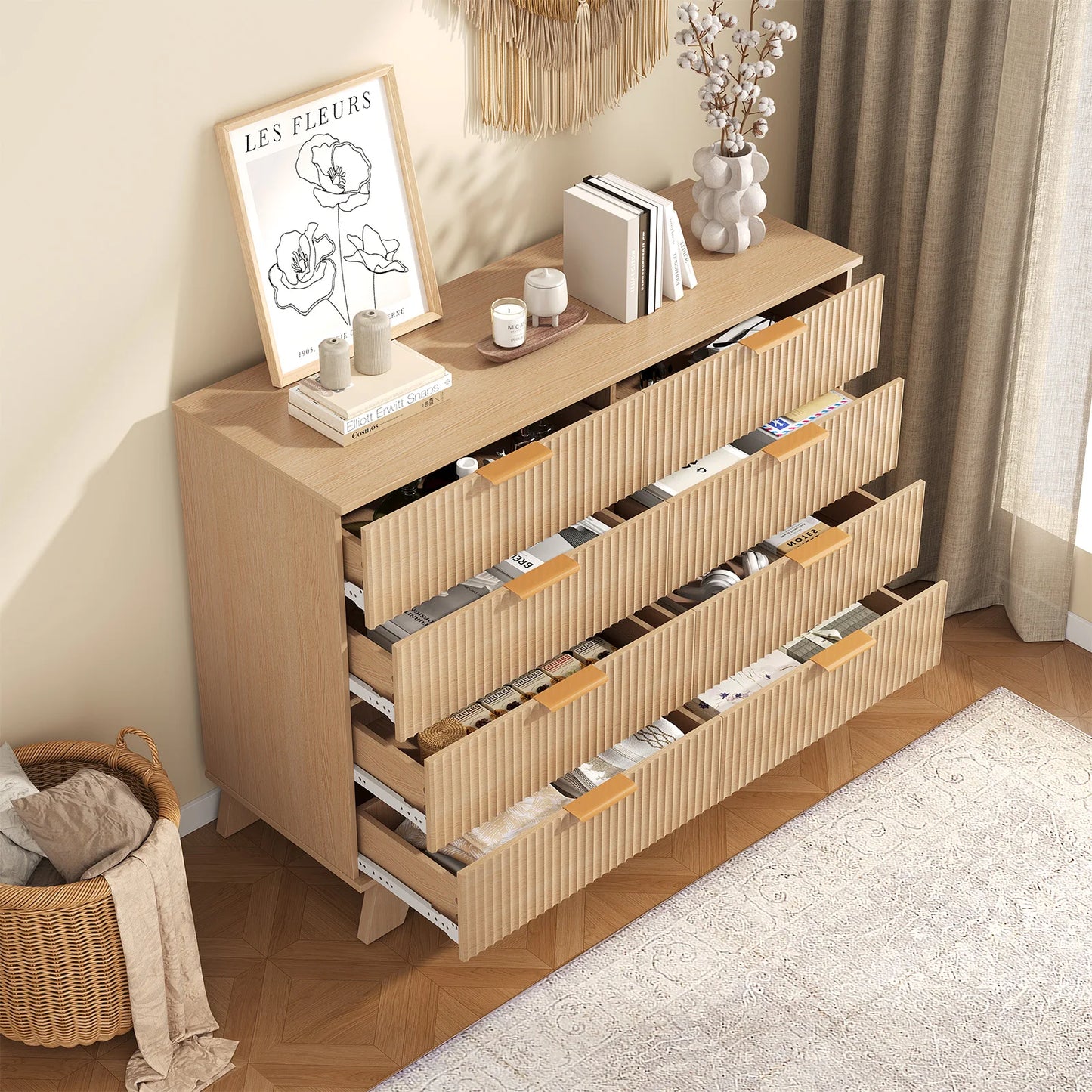 JHK Fluted Wooden 6 Drawer Dresser Cabinet Wide Modern Chest of Drawers with Gold Metal Handles Storage Organizer Unit for Living Room Hallway
