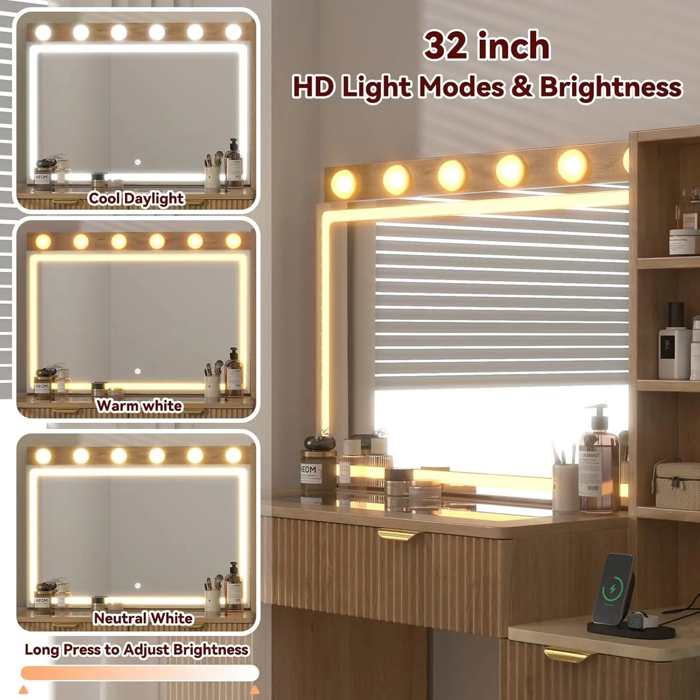 47" Fluted Makeup Vanity Desk with 32" Mirror & Lights Charging Station Glass Top 5 Drawers 2 Cabinets Bedroom, Customized