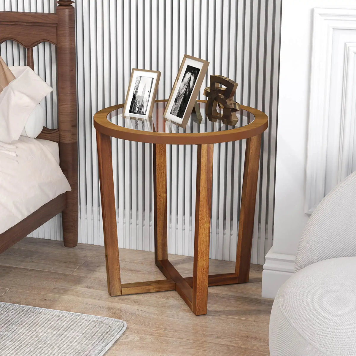Homasis Modern Round End Table Featuring Tempered Glass Top