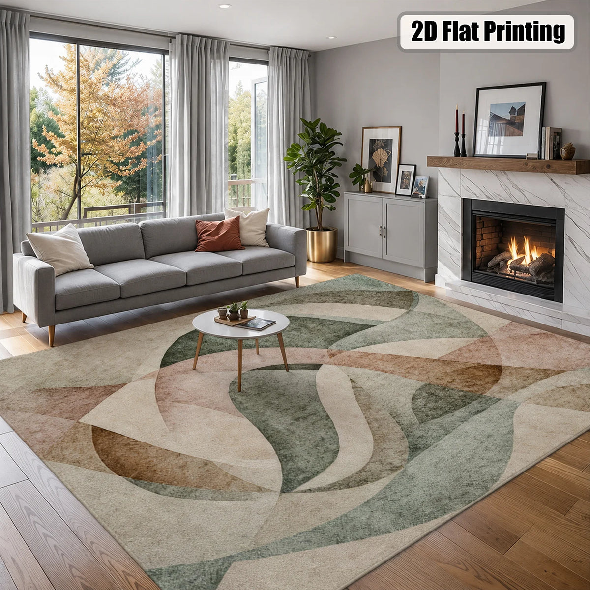 Large Indoor Area Rug, Soft Velvet Low Pile Non-Slip Dotted Backing Machine Washable, Modern Abstract Curved Pattern Rug for Living Room Bedroom, Muted Sage Blush Beige Earth Tones