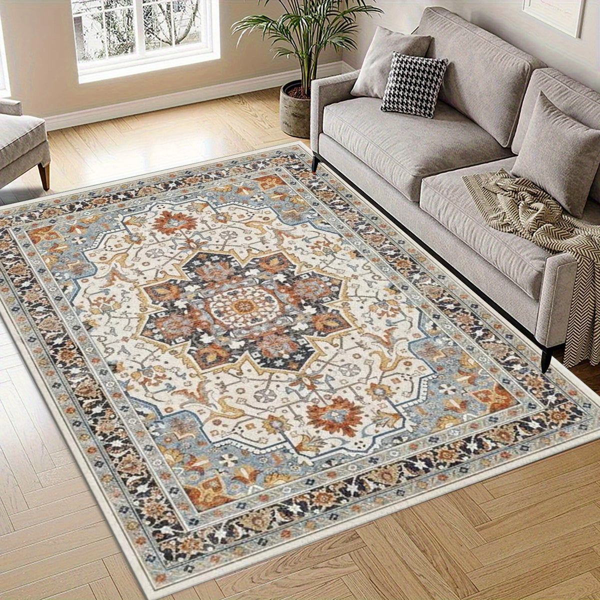 Traditional Oriental Medallion Area Rug Retro Floral Pattern Floor Carpet for Living Room Bedroom Study Room Home Decor