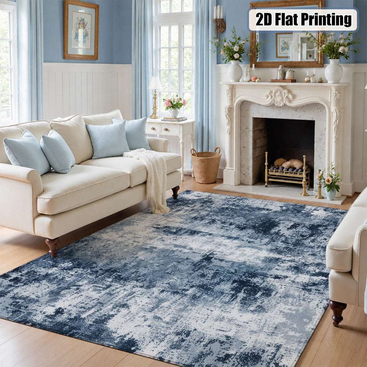 Large Indoor Area Rug, Soft Velvet Low Pile Floor Rug with Non-Slip Dotted Backing, Machine Washable Abstract Blue White Art Pattern Rug for Living Room, Bedroom, Modern Home Decor