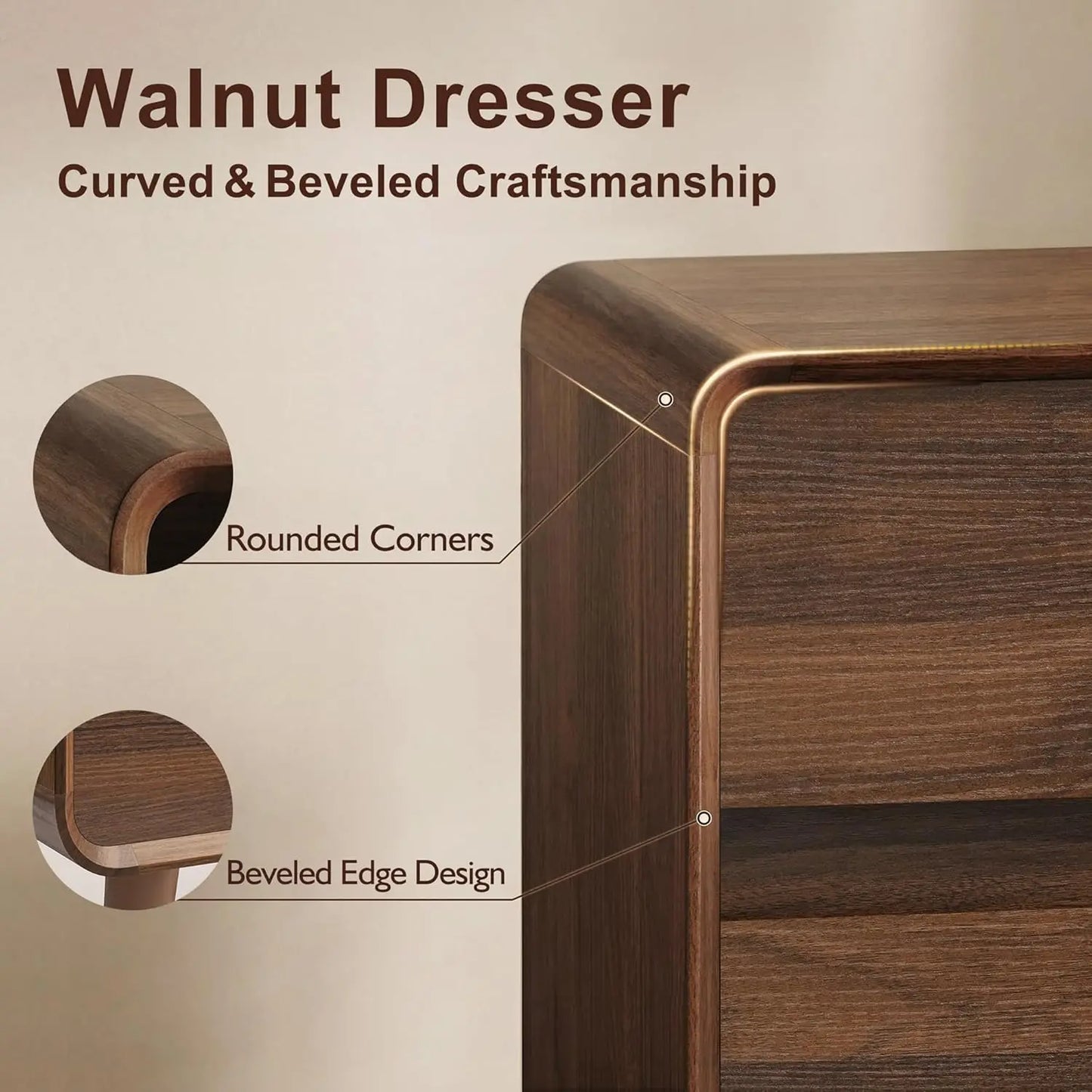 6 Drawer Mid Century Modern Wood Dresser Storage for Bedroom Hallway Entryway Walnut, Customized