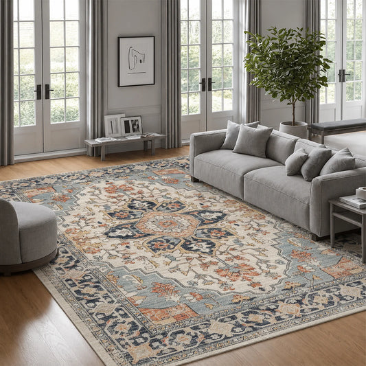 Machine Washable Vintage Medallion Velvet Rug With Non Slip Backing