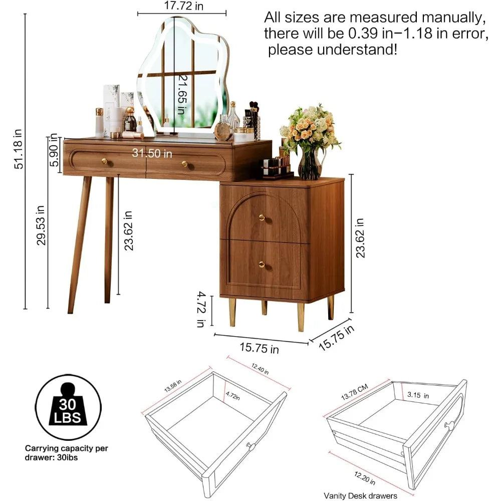 Corner Makeup Vanity Desk with Lighted Mirror & 4 Drawers, Modern Dressing Table for Bedroom