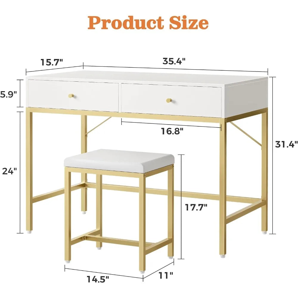 35.4" White and Gold Desk with 2 Drawers, Modern Makeup Vanity with Padded Stool, Small Computer Desk for Home Office