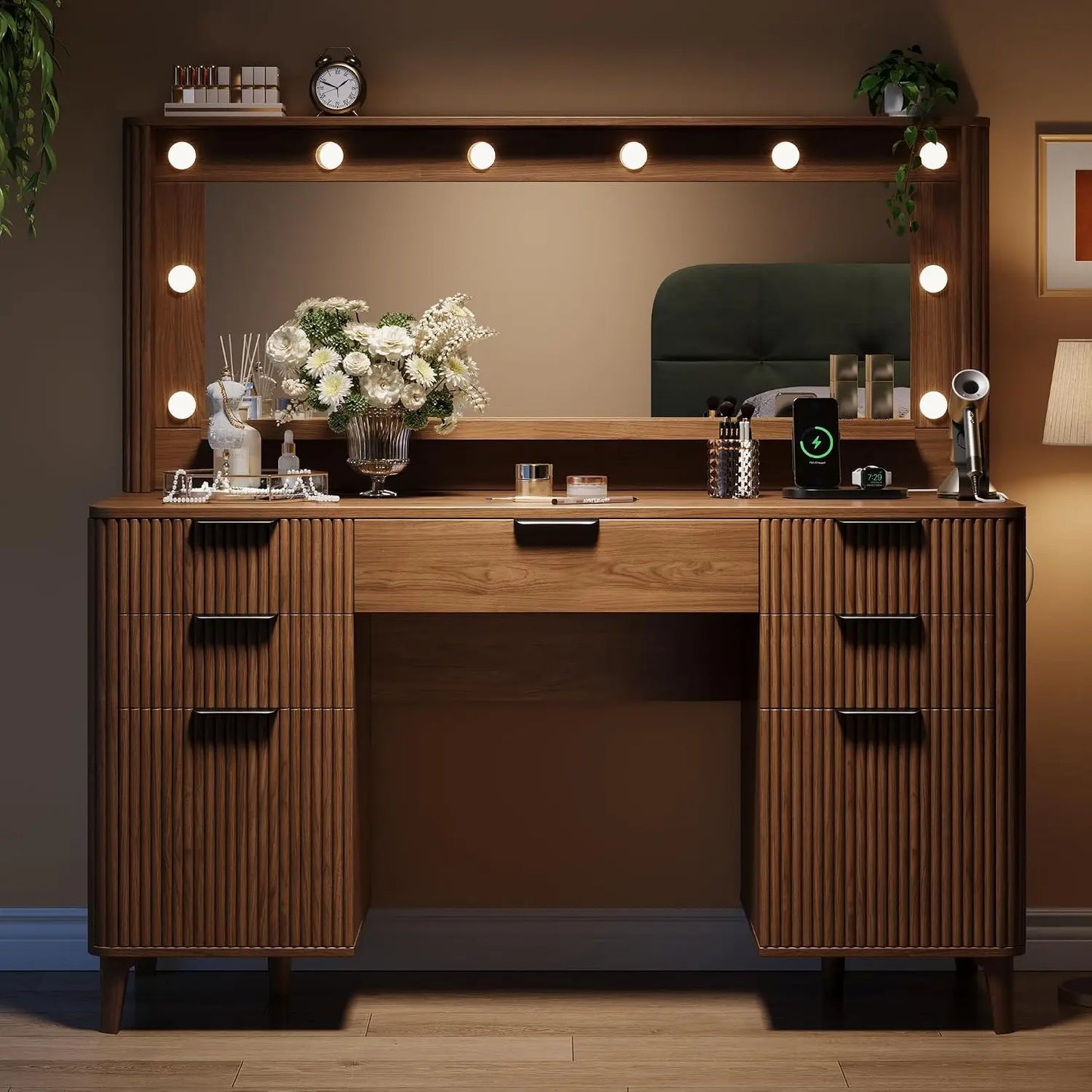 48.8" Wood Fluted Vanity Desk, Large 39.3" Lighted Mirror Makeup Dressing Table, Customized