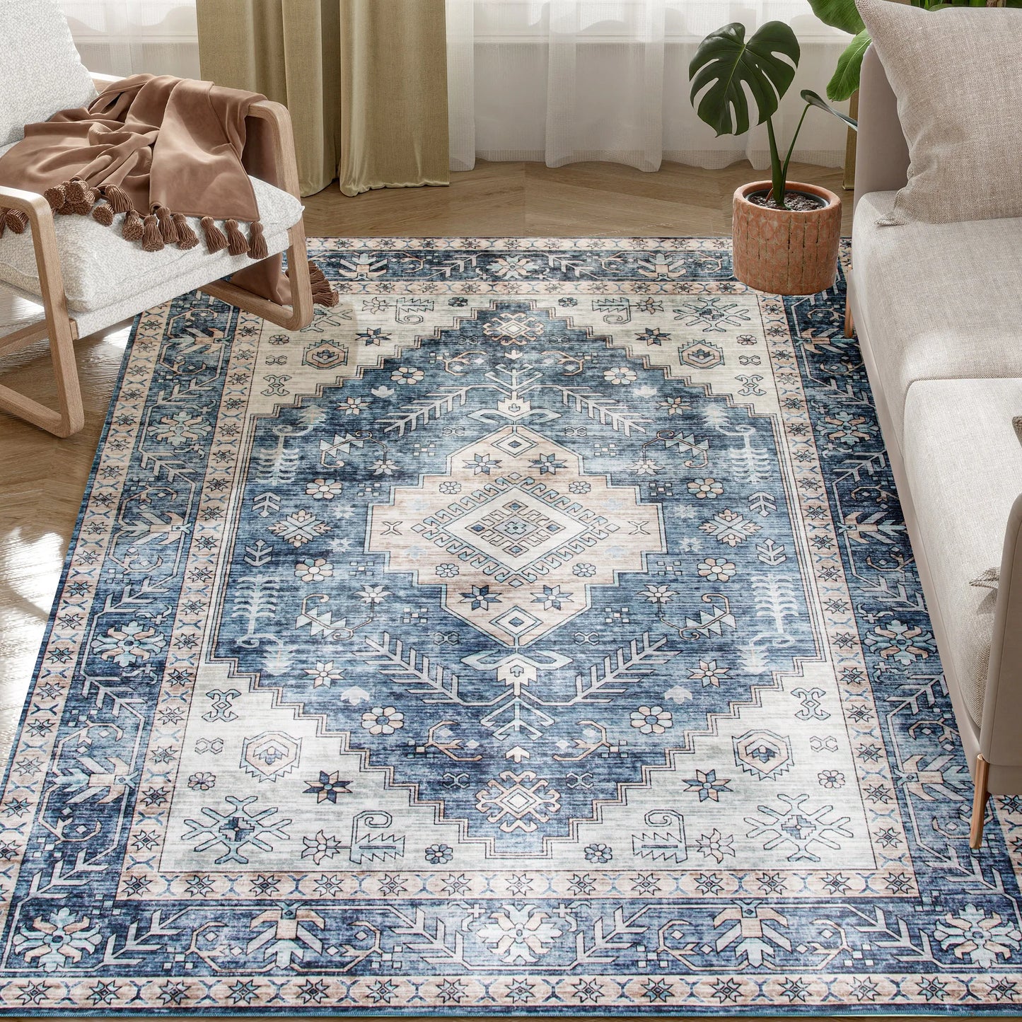 Machine Washable Area Rug, 4'x6' Vintage Oriental Medallion Distressed Rugs Soft Printed Floor Mat, Blue