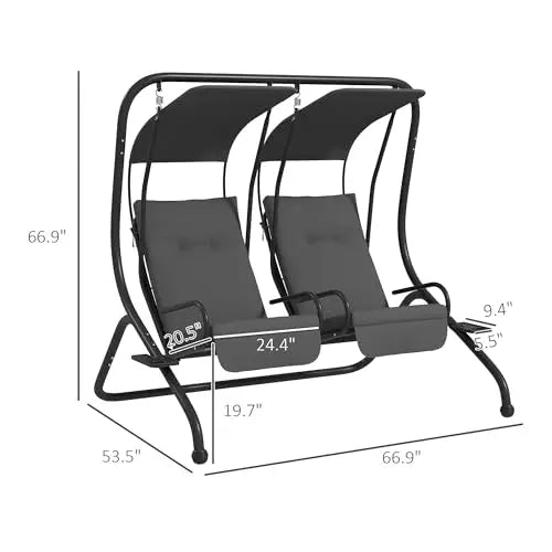 Gray Two-Seat Outdoor Hanging Swing With Adjustable Canopy And Side Cup Holders For Deck Garden Or Pool Area