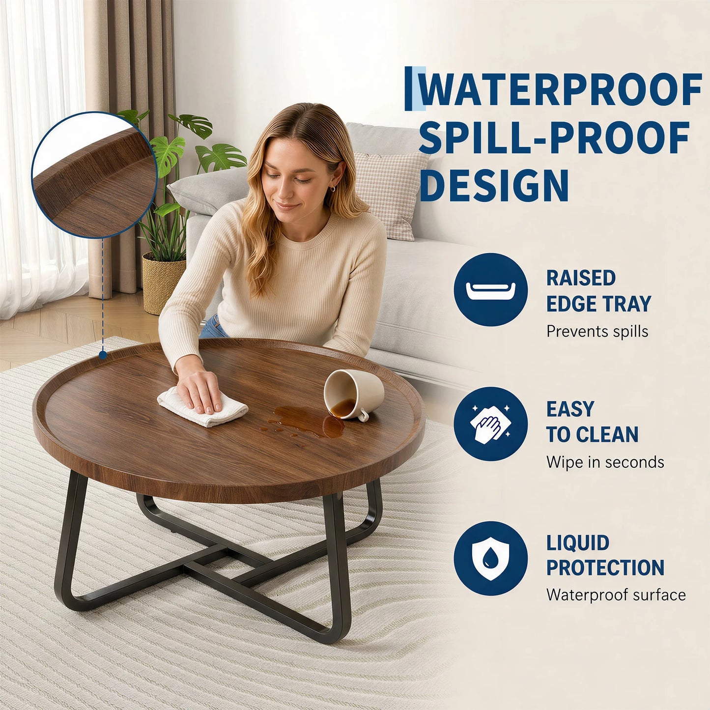 19.7in Minimalist Round Side Table, Small Coffee Tea End Table With Metal Frame For Living Room Bedroom Decor